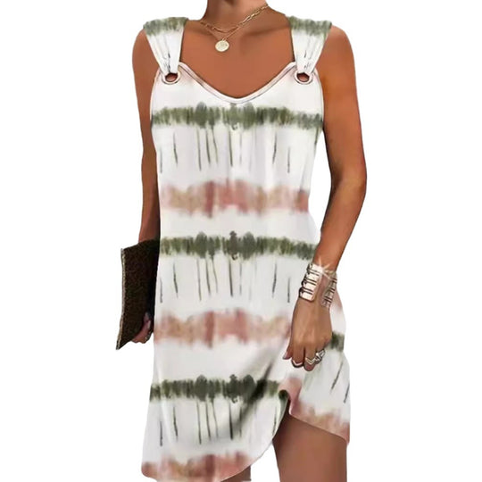 Damen nan ärmelloses V-Ausschnitt-Sommerkleid mit dekorativen Metallösen an breiten Trägern und lässiger A-Linien-Silhouette R&B