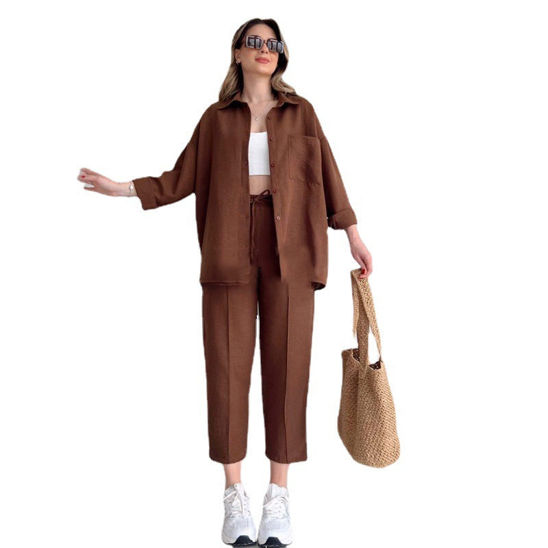 Damen lässige Loungewear-Kombination mit leichtem Leinenhemd und elastischer Hose R&B