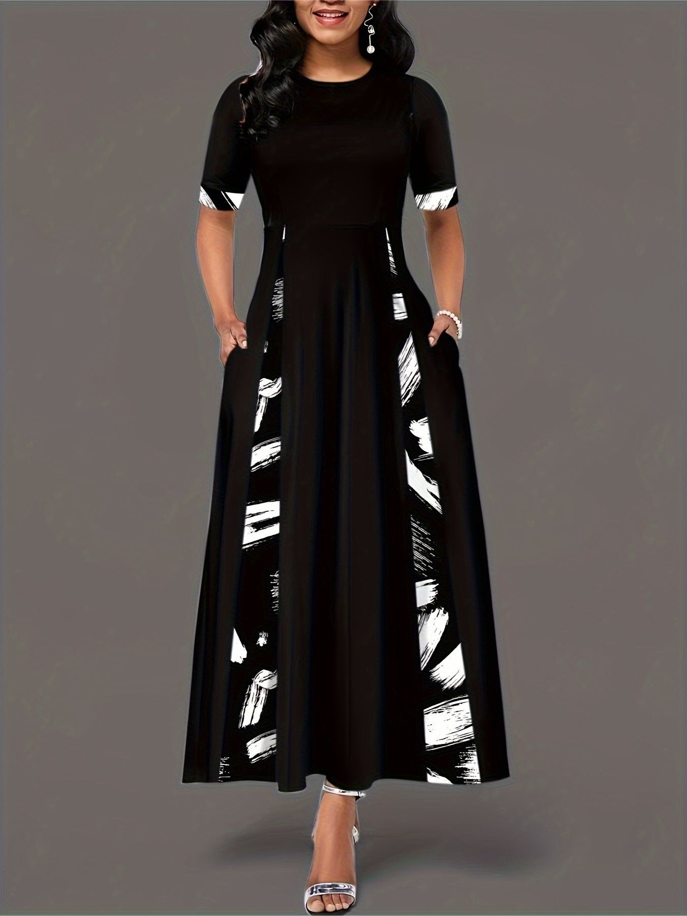 Damen Maxikleid mit künstlerischem Muster und praktischen Taschen R&B