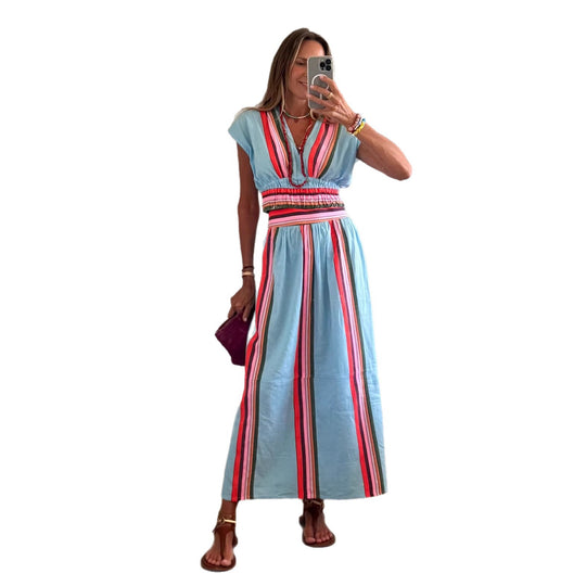 Damen Strandmaxi-Kleid mit elastischem Taillenbund und buntem Streifenmuster R&B