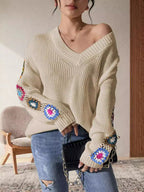 Damen Strickpullover mit verspielten Häkelakzenten und weitem Schnitt R&B