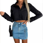 Damen cropped Bluse mit elegantem Kragen und schimmerndem Finish R&B