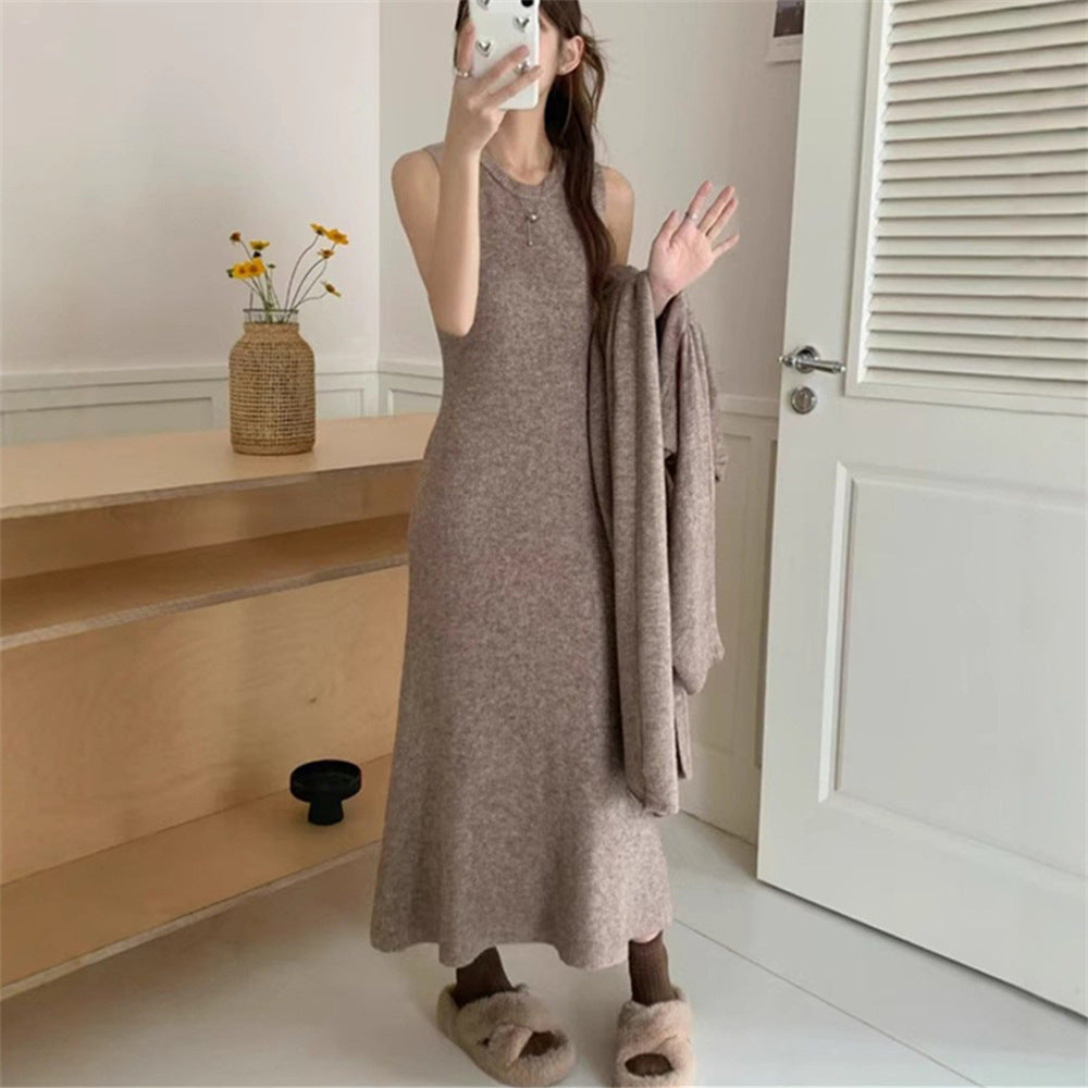 Damen Maxi-Strickkleid mit legerem Schnitt und langem Ärmel R&B