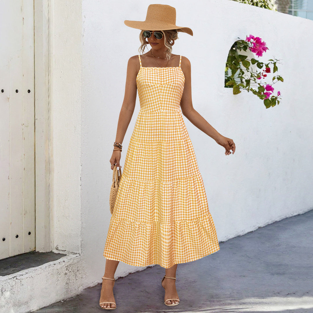 Damen Maxikleid im karierten Design mit Taillenakzent und Rüschensaum R&B