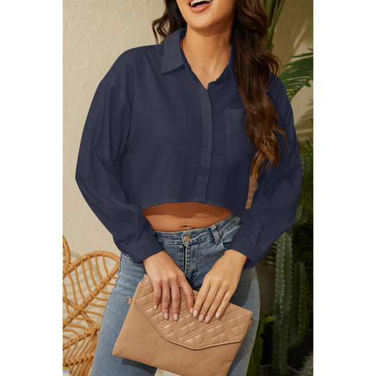 Damen Cropped Bluse mit klassischem Kragen und zartem Stoff R&B