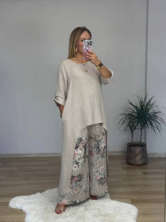 Damen Relaxed Fit Leinen Tunika Top R&B