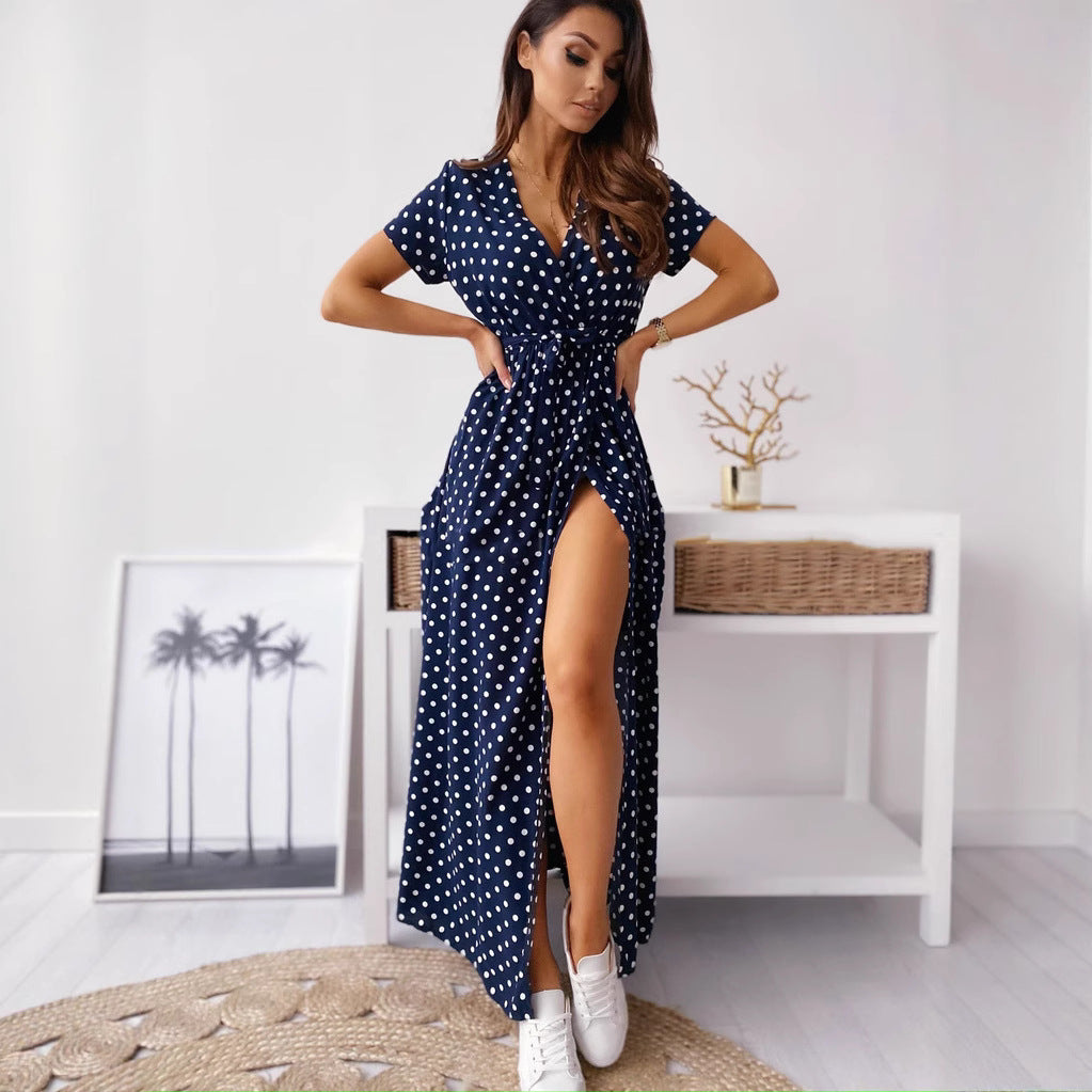 Damen Maxikleid mit Polka-Dots und verstellbarem Taillengürtel R&B
