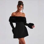 Damen Offshoulder-Kleid mit luxuriöser Futterverzierung und schwingendem Rock R&B