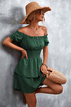 Damen Off-Shoulder Sommerkleid mit rüschenförmigem Saum und elastischem Taillenbund R&B
