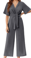 Damen eleganter Jumpsuit mit tiefem V-Ausschnitt und Poncho-Ärmeln R&B