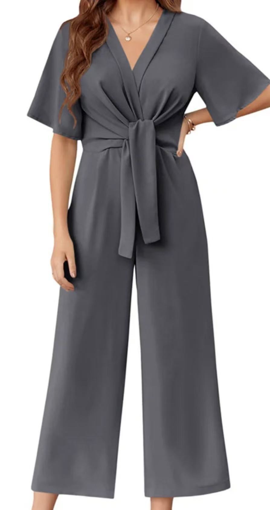 Damen eleganter Jumpsuit mit tiefem V-Ausschnitt und Poncho-Ärmeln R&B