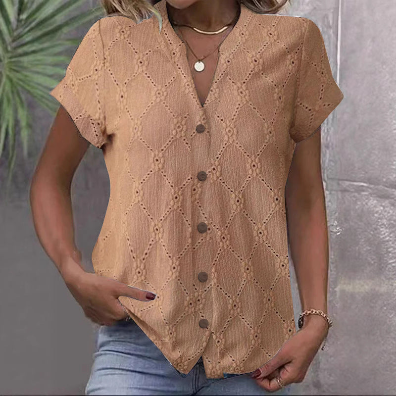 Damen nan kurzärmlige Broderie-Bluse mit V-Ausschnitt und durchgehender Knopfleiste R&B