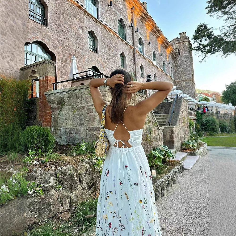 Damen Spaghetti-Träger Kleid mit floralen Stickereien R&B