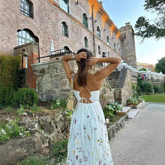 Damen Spaghetti-Träger Kleid mit floralen Stickereien R&B