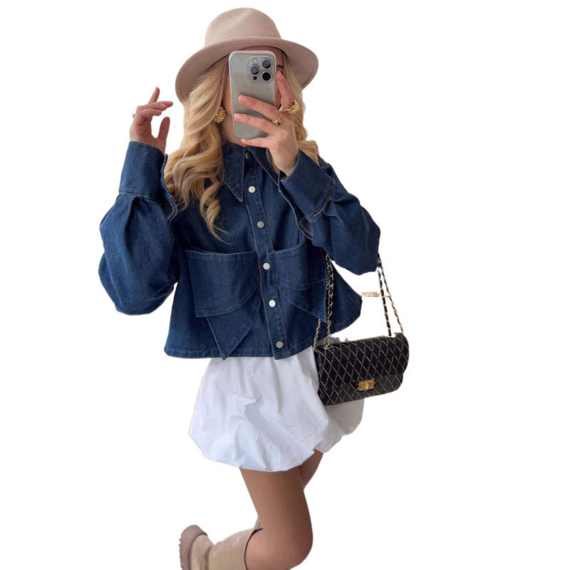 Damen stylische cropped Denimjacke mit praktischen Taschen R&B