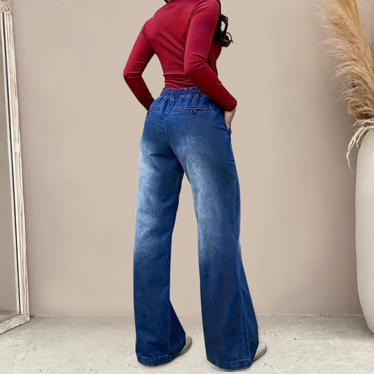 Damen Weit geschnittene Jeanshose mit elastischem Bund und modischem Used-Look R&B