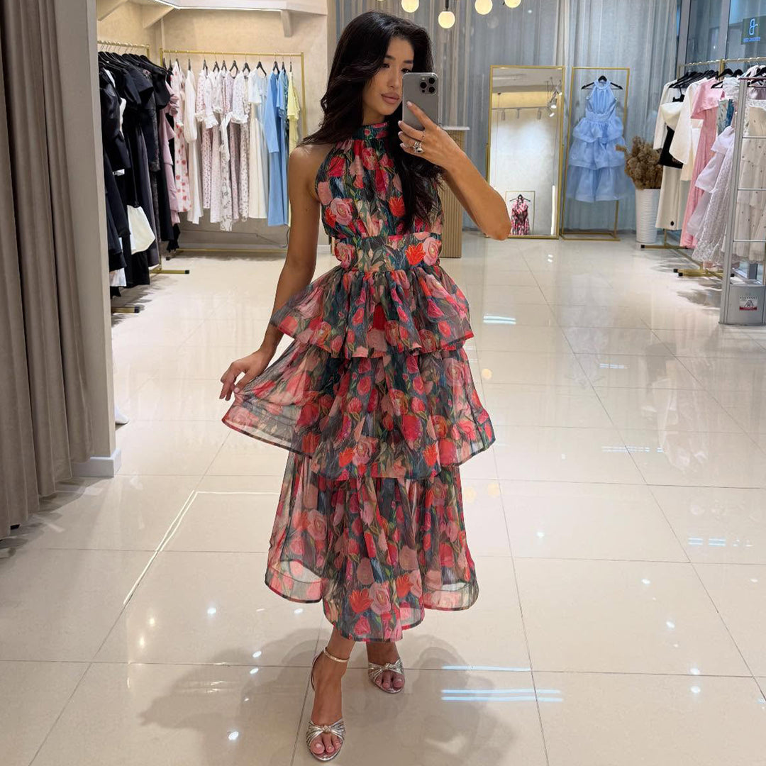 Damen Maxikleid mit transparenten Schichten und floralem Design R&B