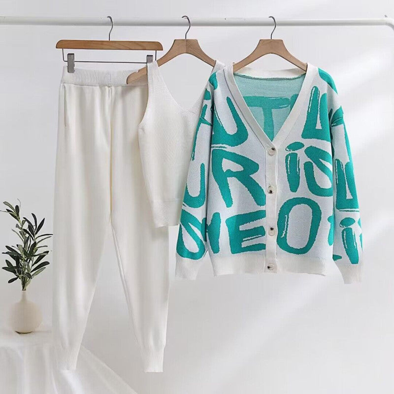 Damen gemütliches Strick-Loungewear-Set mit Dekorativem Schriftzug R&B