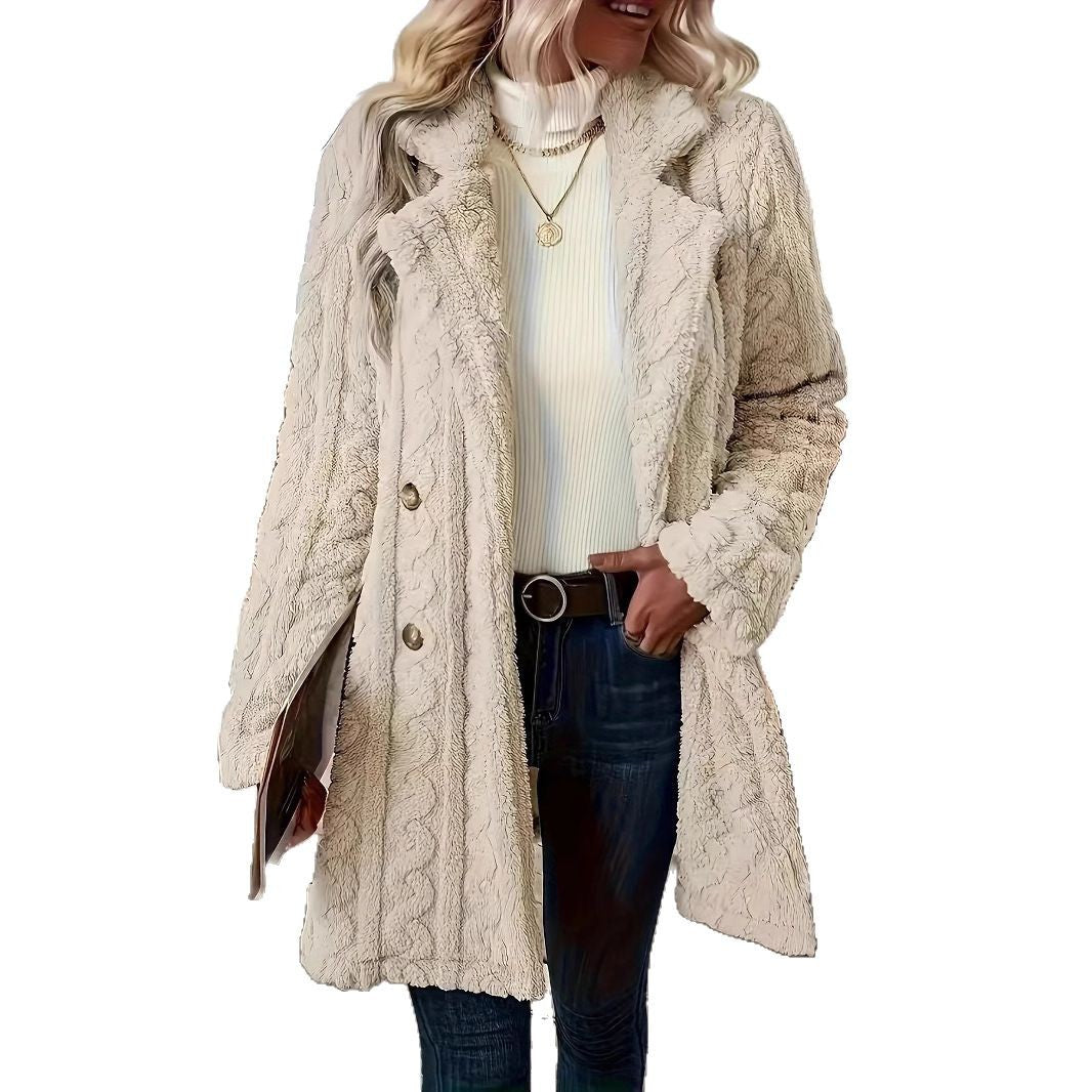 Damen Fleece-Winterjacke mit strukturiertem Design und eleganten Knöpfen