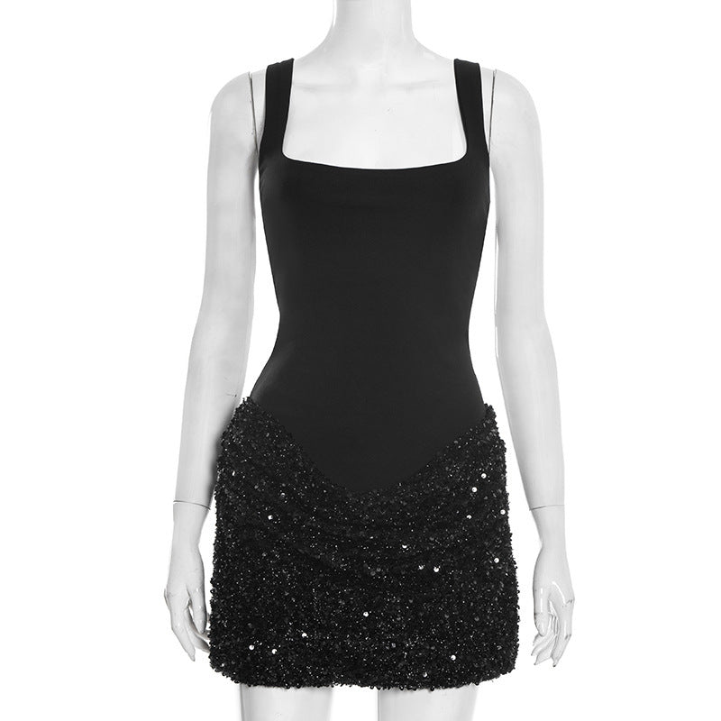 Damen elegantes Paillettenkleid mit tiefem V-Ausschnitt und figurschmeichelndem Design R&B