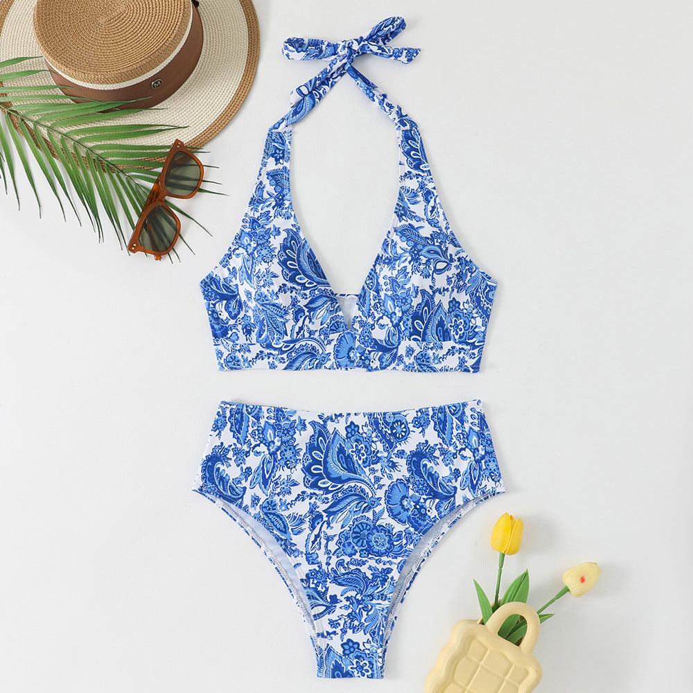 Damen Hochtailliertes Bikini-Set mit floralem Design und verspieltem Halteroberteil R&B