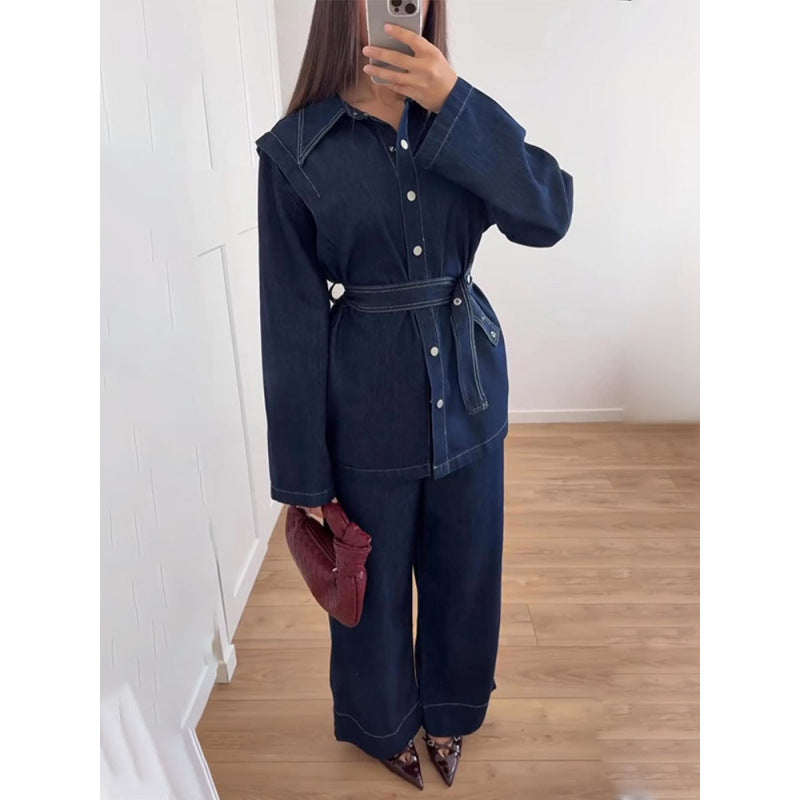 Damen Denim-Blazer-Set im Vintage-Stil mit Taillengürtel R&B