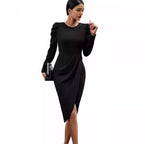 Damen elegantes Wickelkleid mit Puffärmeln und asymmetrischem Saum R&B