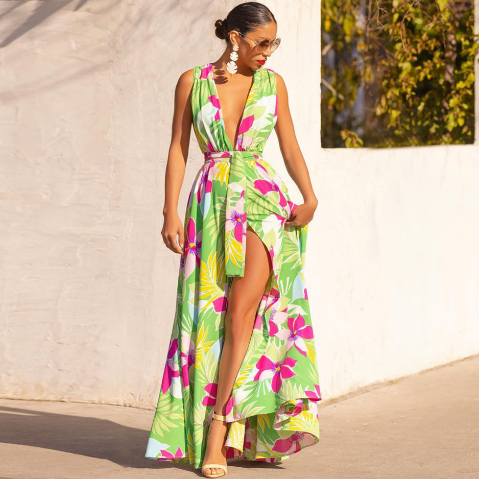 Damen Maxikleid mit tiefem V-Ausschnitt und elegantem Schlitz R&B