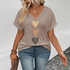 Damen lässiges V-Ausschnitt T-Shirt mit Herz-Zierdruck R&B