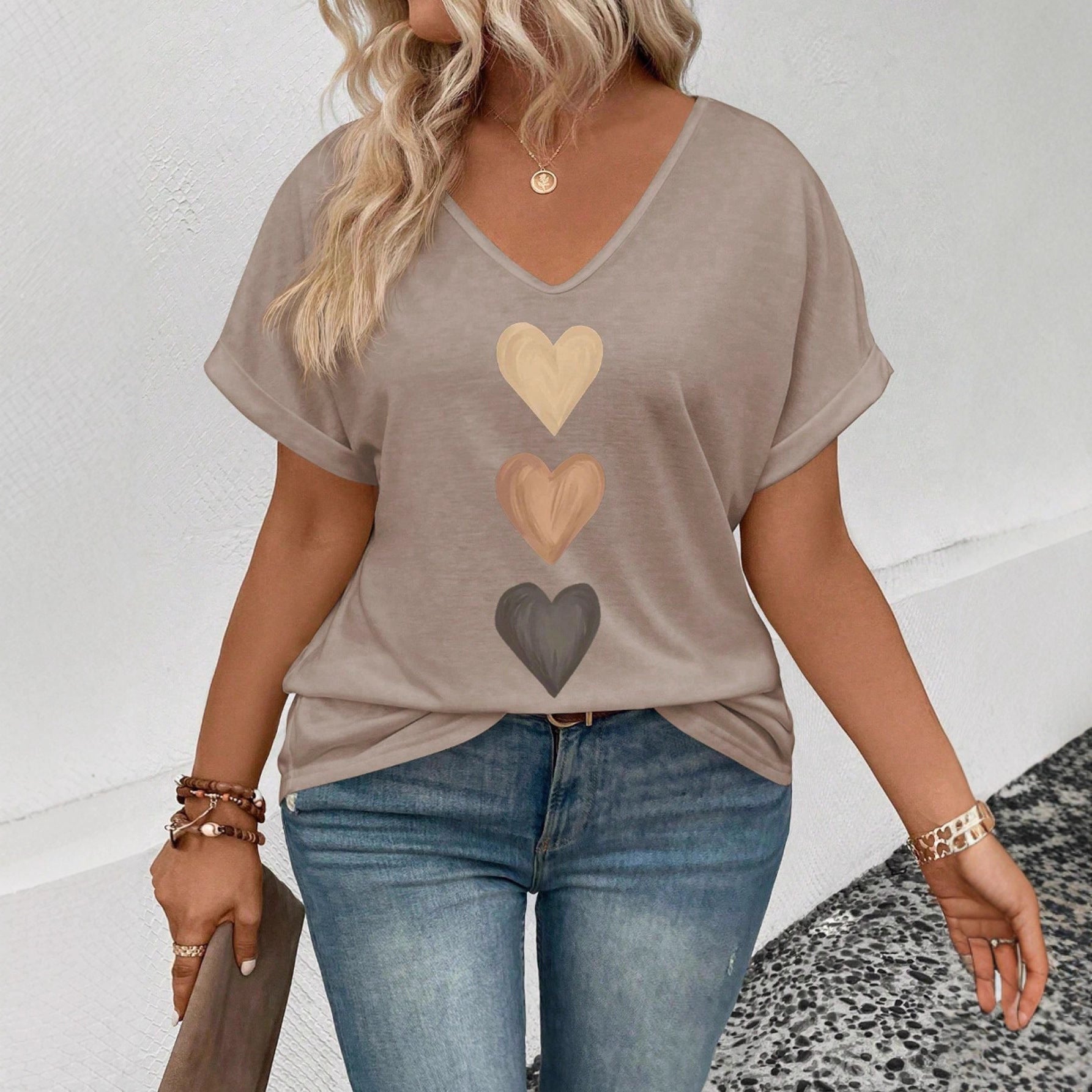 Damen lässiges V-Ausschnitt T-Shirt mit Herz-Zierdruck R&B