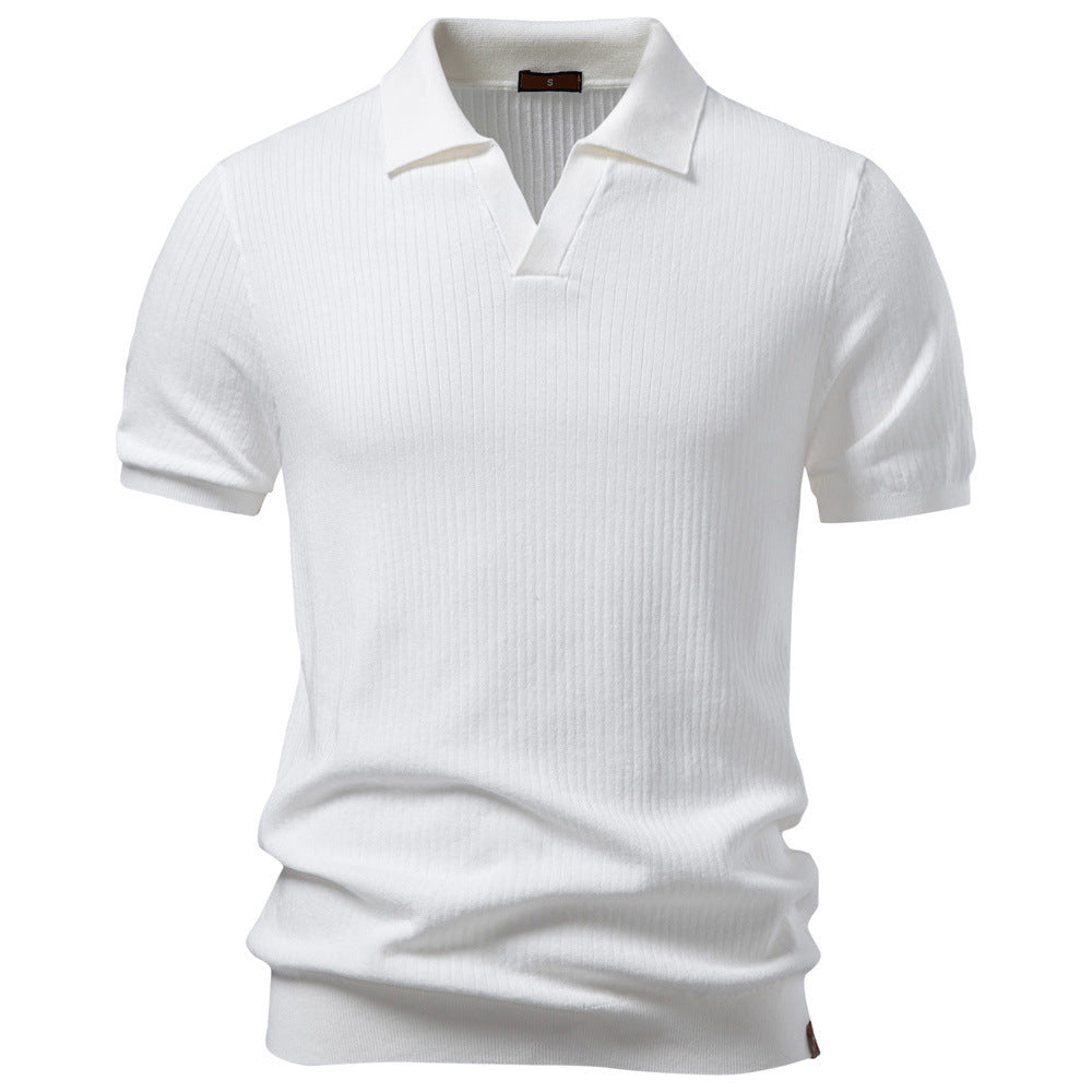 Herren nan fein geripptes Kurzarm-Poloshirt mit offenem Kentkragen R&B