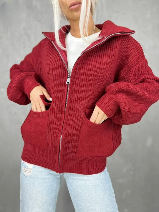 Damen Übergangsstrickjacke mit breitem Reißverschluss und praktischen Taschen R&B