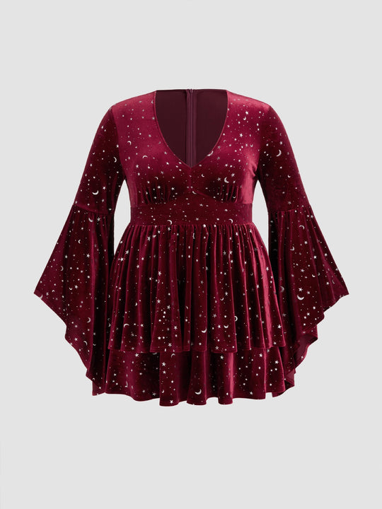 Damen Kurzes Samtkleid mit weitem Rock und aufregendem Sternenprint R&B