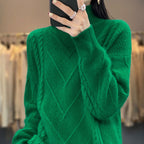 Damen Grobstrickpullover mit innovativem Zopfmuster und hohem Stehkragen R&B