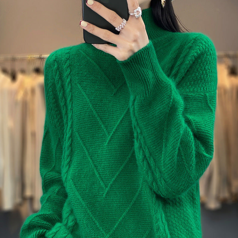 Damen Grobstrickpullover mit innovativem Zopfmuster und hohem Stehkragen R&B