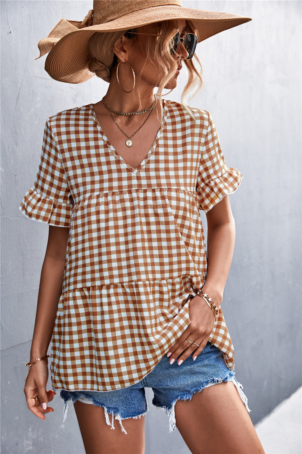 Damen Blusenshirt mit rüschenförmigem Saum und Karomuster R&B