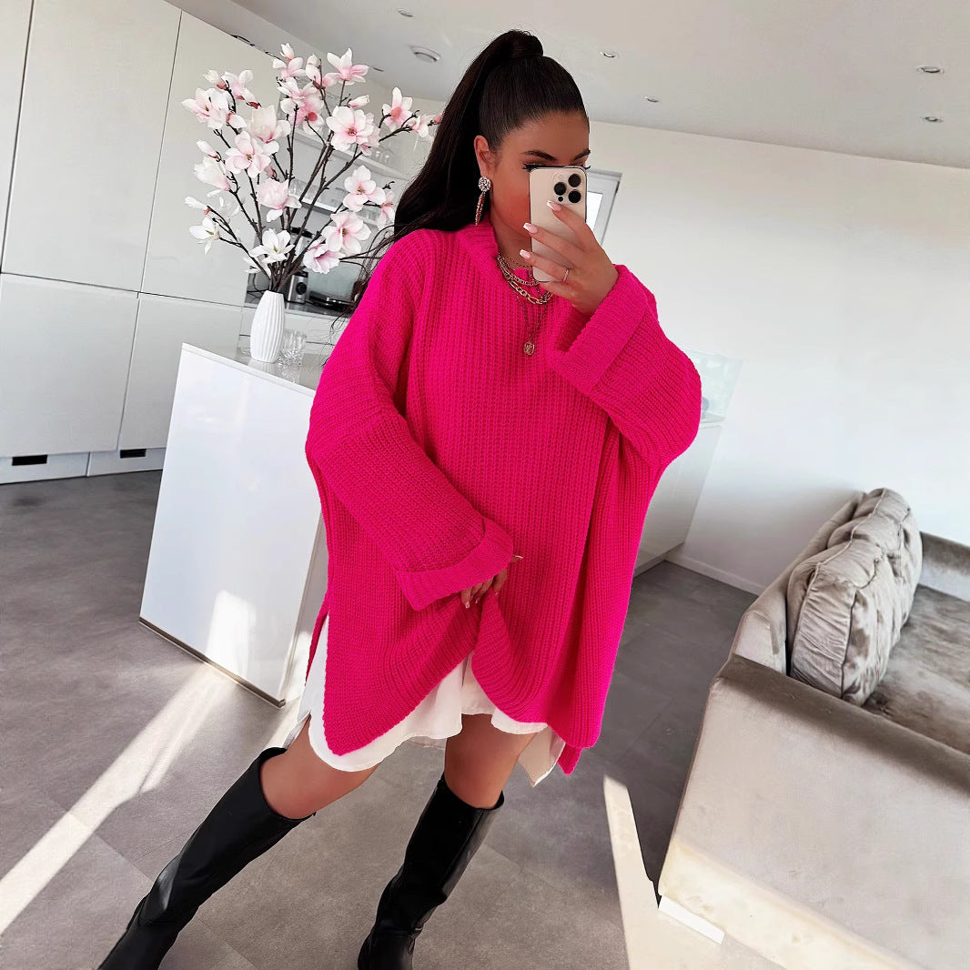 Damen grob gestrickter Oversize-Pullover mit V-Ausschnitt und lässigem Schnitt R&B