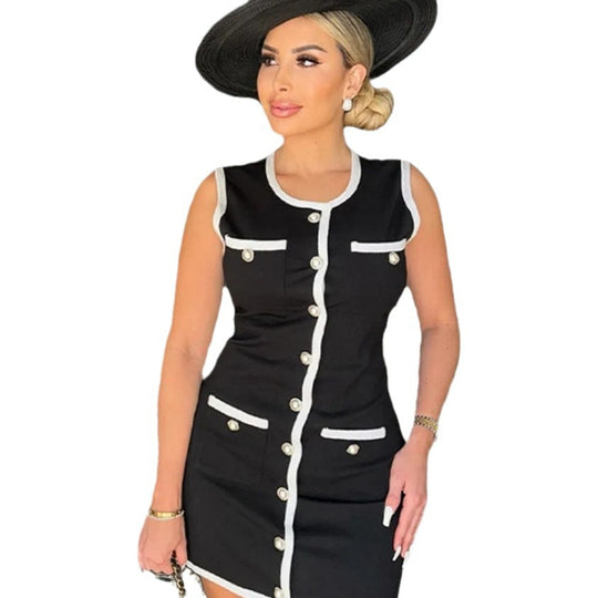 Damen figurbetontes Cocktailkleid mit kontrastierenden Taschen und eleganten Knöpfen R&B