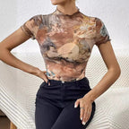 Damen figurbetonter Turtleneck-Body mit kunstvollem Druck R&B