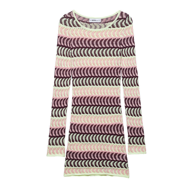 Damen nan gestricktes Feinstrick-Minikleid mit transparentem Wellenstruktur-Muster und Rundhalsausschnitt R&B