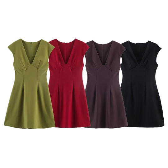 Damen elegantes Kurzkleid mit V-Ausschnitt und A-Linien-Schnitt R&B