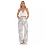 Damen High-Waist Baggy-Hose mit Cut-Out-Details und glänzendem Finish R&B