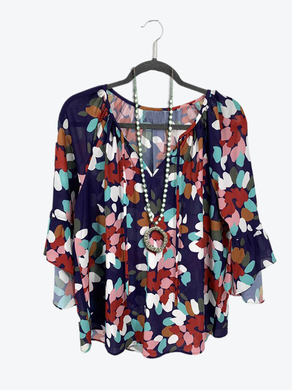Damen luftige Bluse mit buntem Blumendesign und eleganten Rüsenärmeln R&B