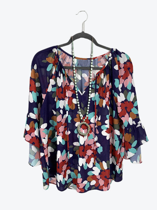 Damen luftige Bluse mit buntem Blumendesign und eleganten Rüsenärmeln R&B
