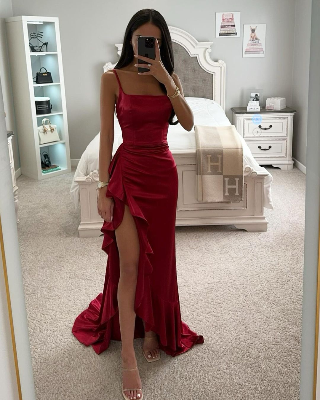 Damen elegantes Maxikleid mit seitlichem Schlitz und fließendem Rüschensaum R&B