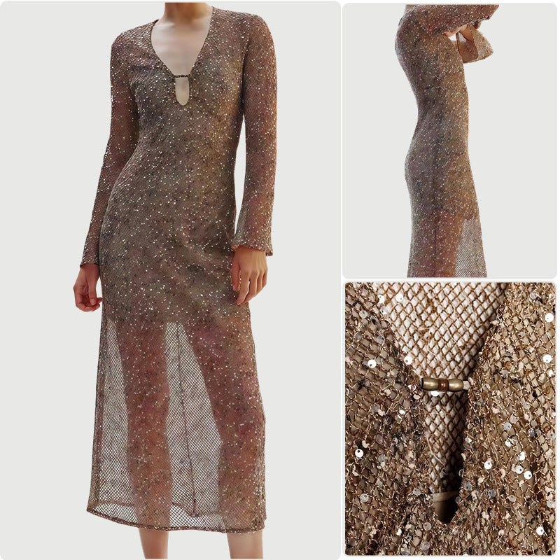 Damen Glamouröses Paillettenkleid mit tiefem V-Ausschnitt und langen Ärmeln R&B