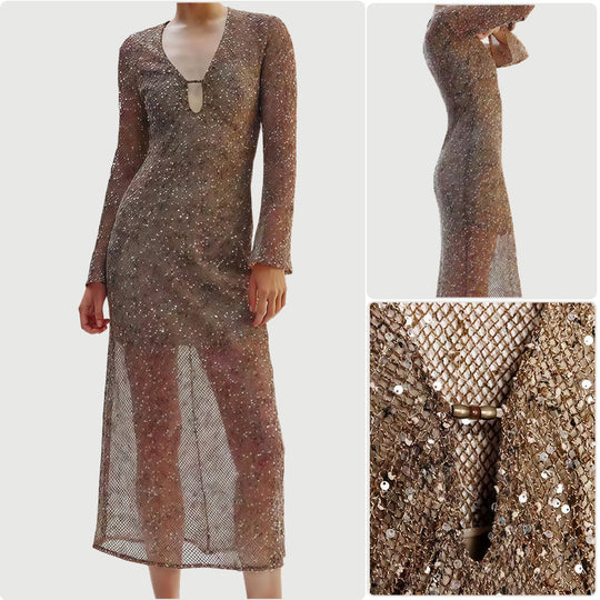 Damen Glamouröses Paillettenkleid mit tiefem V-Ausschnitt und langen Ärmeln R&B