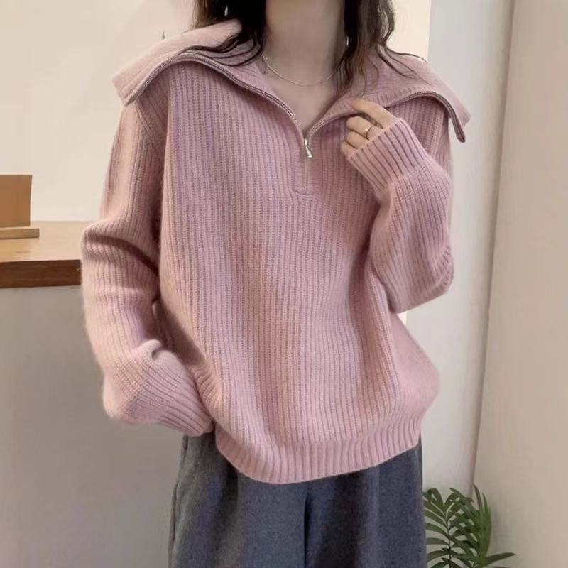 Damen Leichter Strickpullover mit hohem Kragen und Reißverschluss R&B
