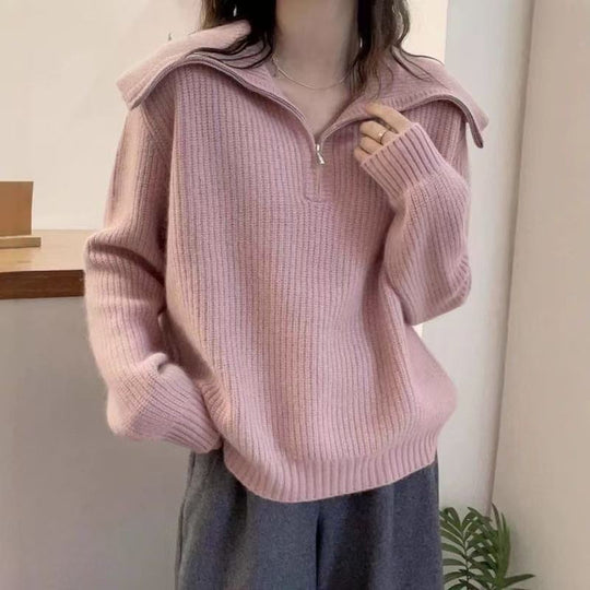 Damen Leichter Strickpullover mit hohem Kragen und Reißverschluss R&B