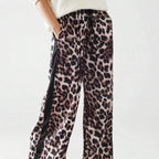 Damen weite Leinenhose mit modischem Leopardenmuster und kontrastierendem Streifen R&B
